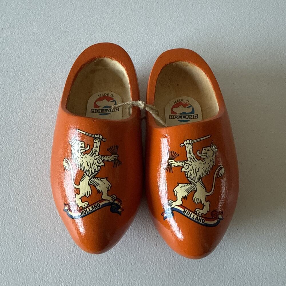 Dutch Wooden Clogs Holland Lion Orange Hand Painted Pair Folk Art 13 Cm 20-21